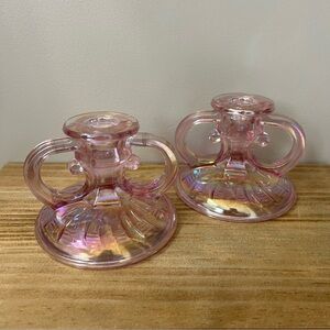 L.E. Smith Glass #408 Scroll Double Handle Candle Holders Pink Opalescent